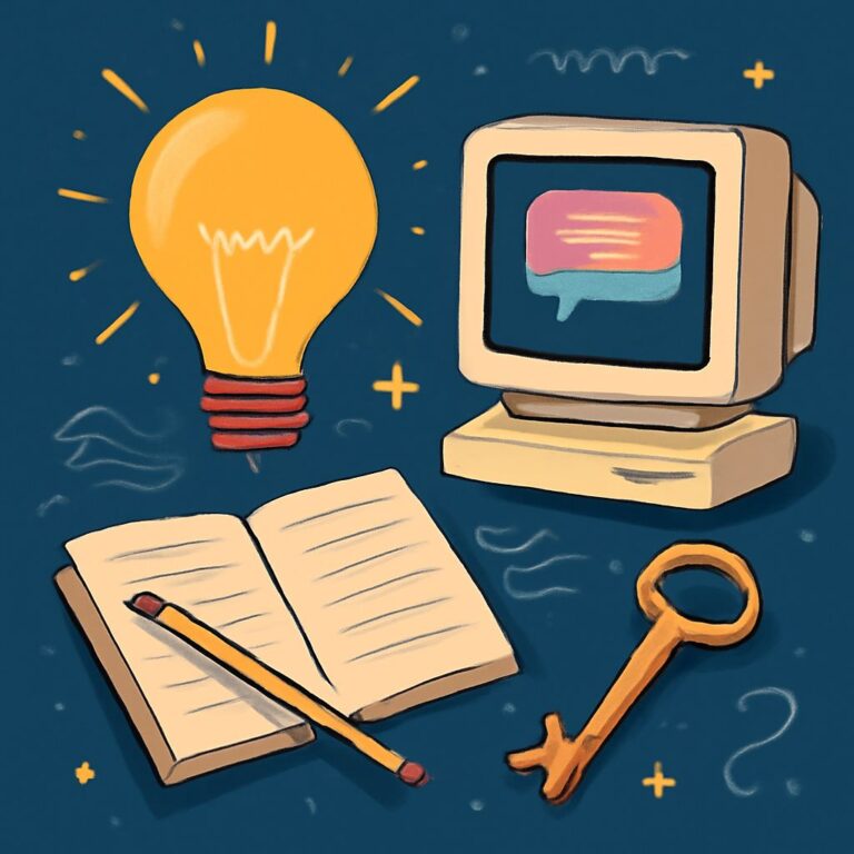 A glowing light bulb, an open notebook with a pencil, a vintage computer displaying a chat bubble, and a key on a blue b