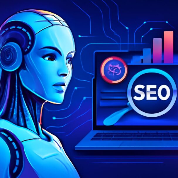 A futuristic blue-toned robot looks thoughtfully at a laptop displaying an SEO dashboard with graphs and icons.
