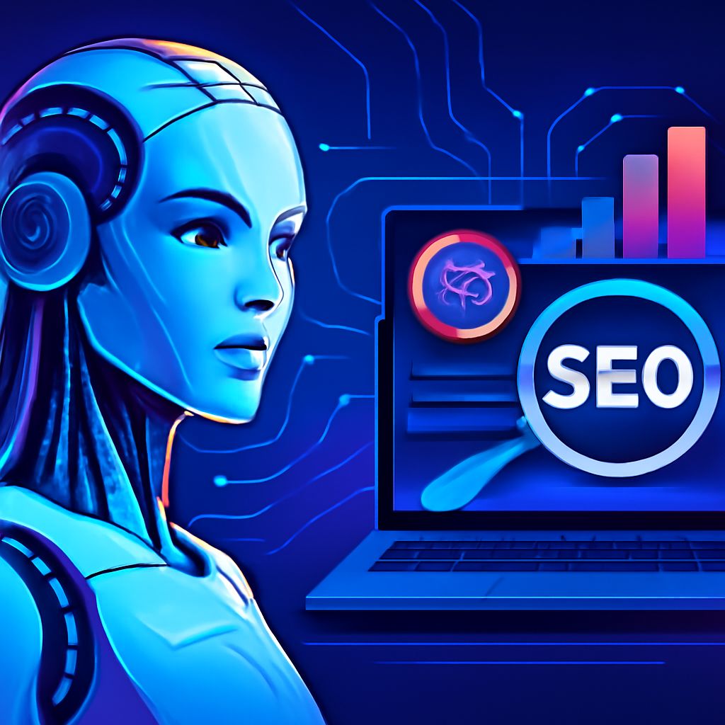 A futuristic blue-toned robot looks thoughtfully at a laptop displaying an SEO dashboard with graphs and icons.