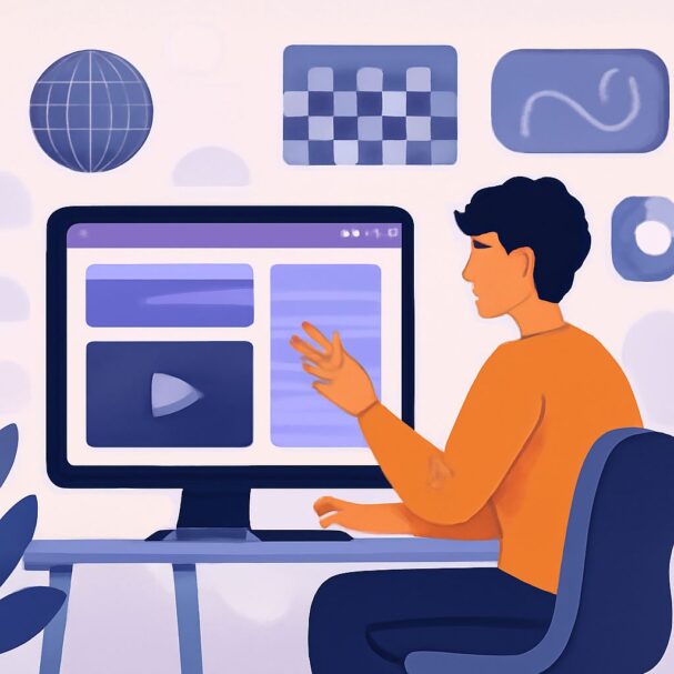 A person in an orange shirt gestures toward a computer screen displaying various content sections in a modern workspace.