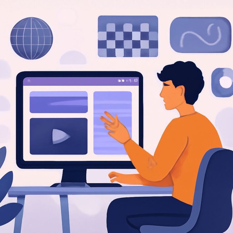 A person in an orange shirt gestures toward a computer screen displaying various content sections in a modern workspace.
