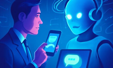 A businessman in a suit interacts with a glowing blue robot while holding a smartphone, with a laptop displaying chat ic