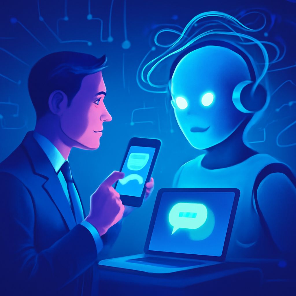 A businessman in a suit interacts with a glowing blue robot while holding a smartphone, with a laptop displaying chat ic