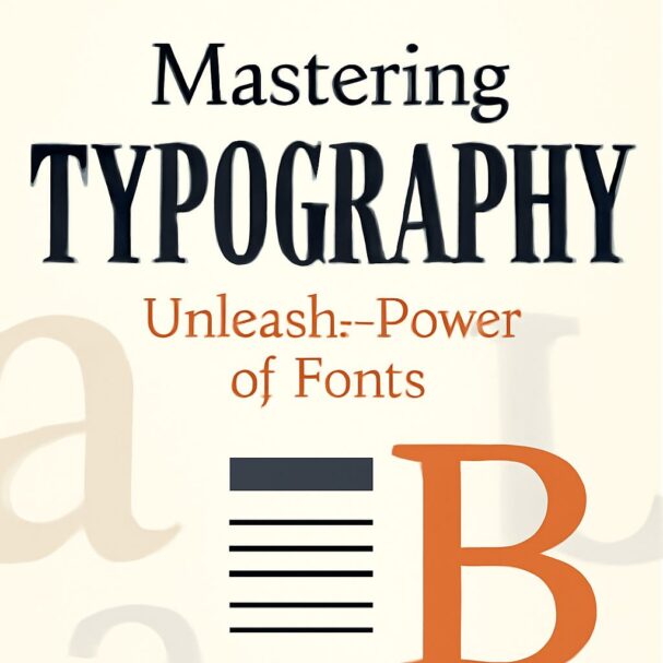 Bold text reads "Mastering Typography" with a subtitle "Unleash Power of Fonts" and a stylized letter 'B' below.