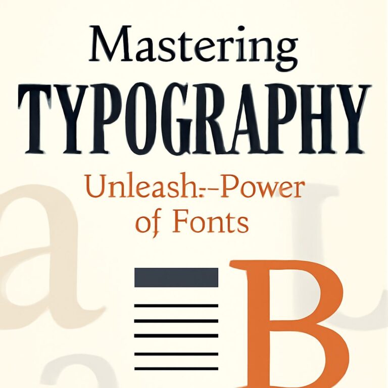 Bold text reads "Mastering Typography" with a subtitle "Unleash Power of Fonts" and a stylized letter 'B' below.
