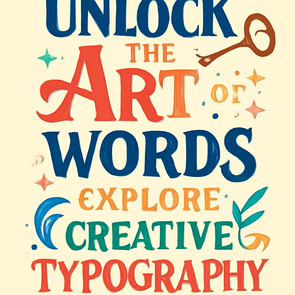 Colorful text promotes unlocking the art of words and exploring creative typography, accented by decorative elements.