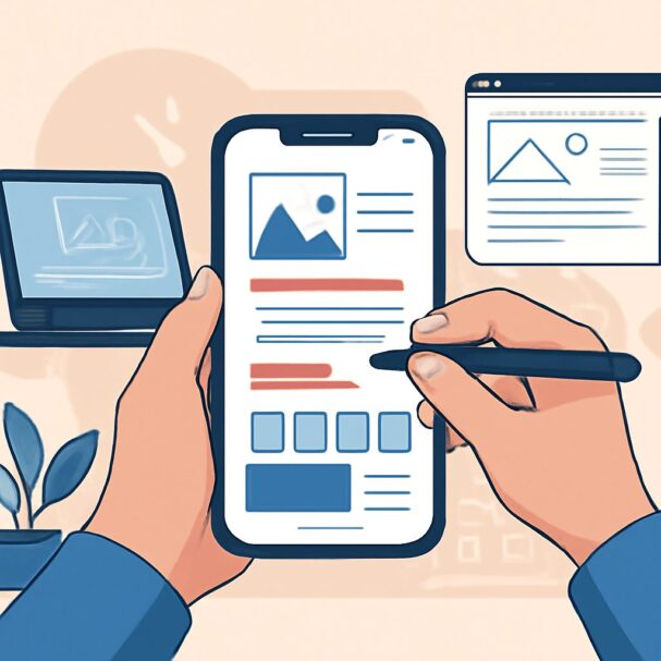 A person holds a smartphone displaying a webpage while using a stylus, with a laptop and plant in the background.