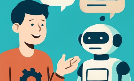 A smiling man in an orange shirt talks to a robot, with speech bubbles above them on a turquoise background.