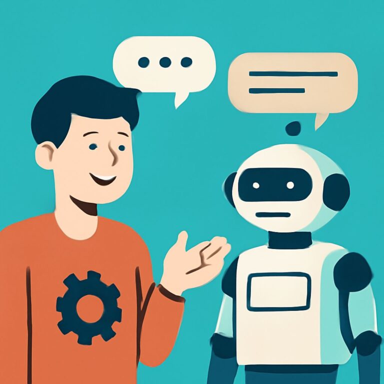 A smiling man in an orange shirt talks to a robot, with speech bubbles above them on a turquoise background.