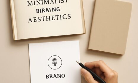 A hand holds a black pen over a white card featuring the word "BRANO" and a simple graphic, beside a beige notebook and
