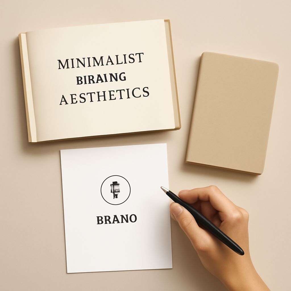 A hand holds a black pen over a white card featuring the word "BRANO" and a simple graphic, beside a beige notebook and