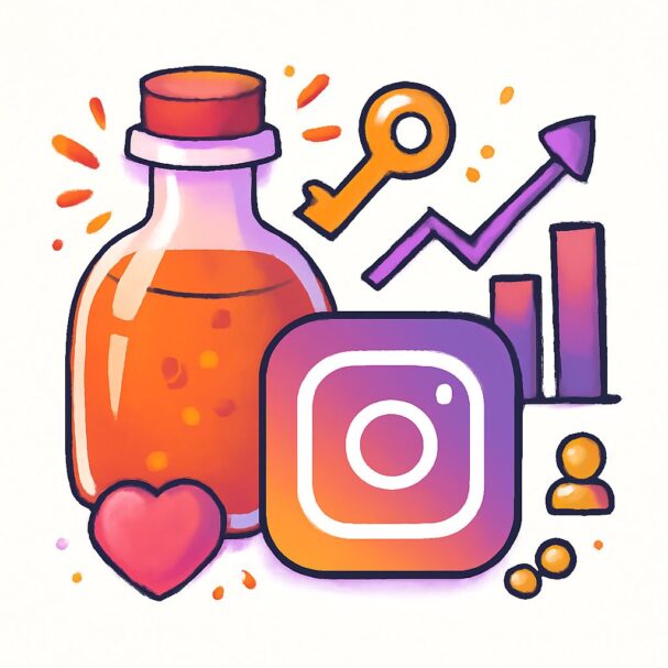 A colorful illustration featuring a potion bottle, Instagram logo, a key, growth chart, and heart icons.