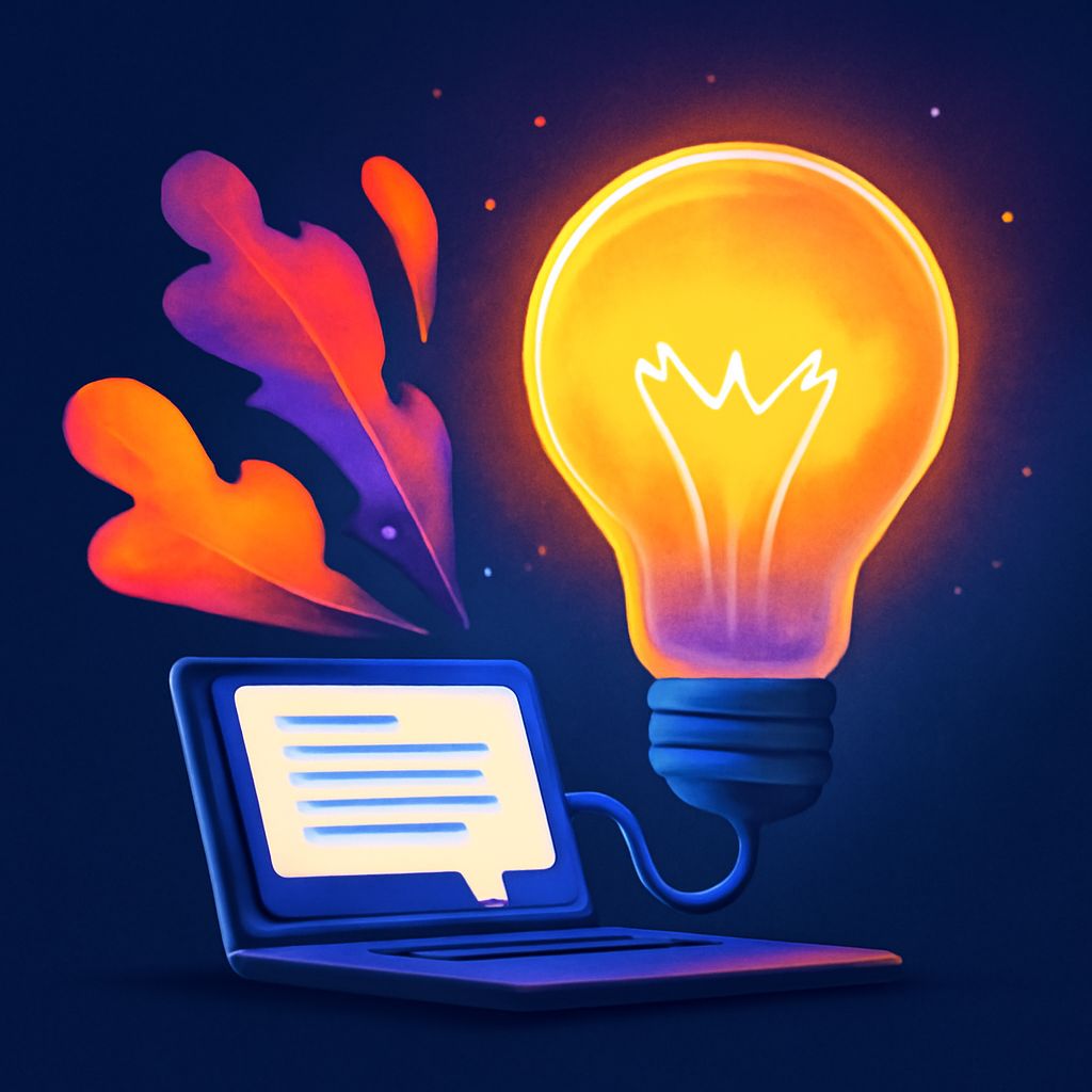 A glowing light bulb emerges from a laptop, surrounded by colorful leaves against a dark background.