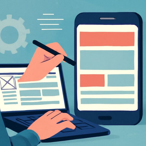 A hand holds a stylus over a smartphone displaying colorful app designs, while another hand types on a laptop.