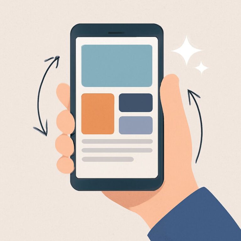 A hand holds a smartphone displaying a colorful app interface with blue, orange, and gray sections.