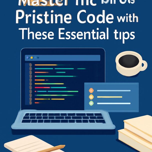 A laptop displays colorful code on a dark background, surrounded by a coffee cup, notepad, and books.