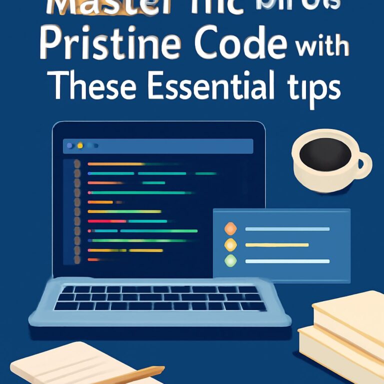A laptop displays colorful code on a dark background, surrounded by a coffee cup, notepad, and books.