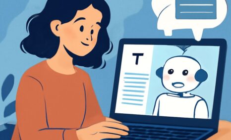 A girl with curly hair smiles while interacting with a chatbot displayed on her laptop screen.