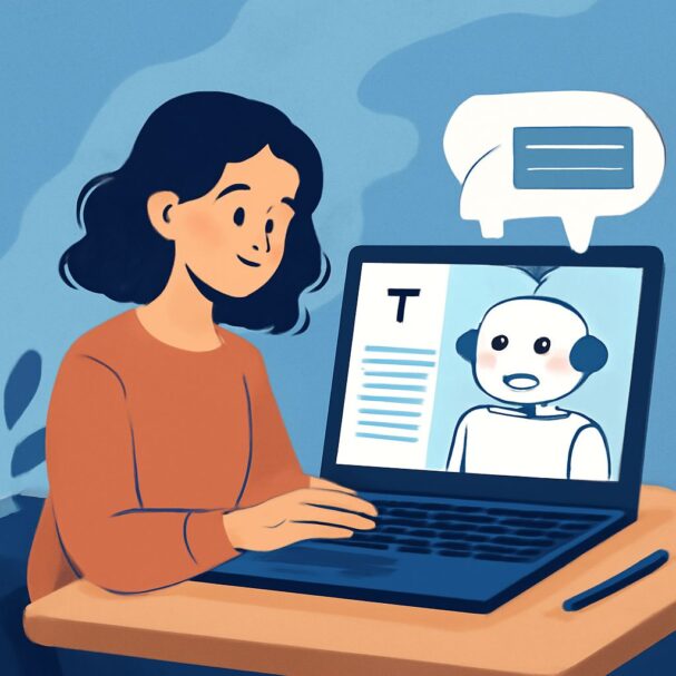 A girl with curly hair smiles while interacting with a chatbot displayed on her laptop screen.