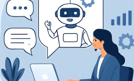 A woman in a blue blazer types on a laptop, engaged in a conversation with a friendly chatbot graphic.