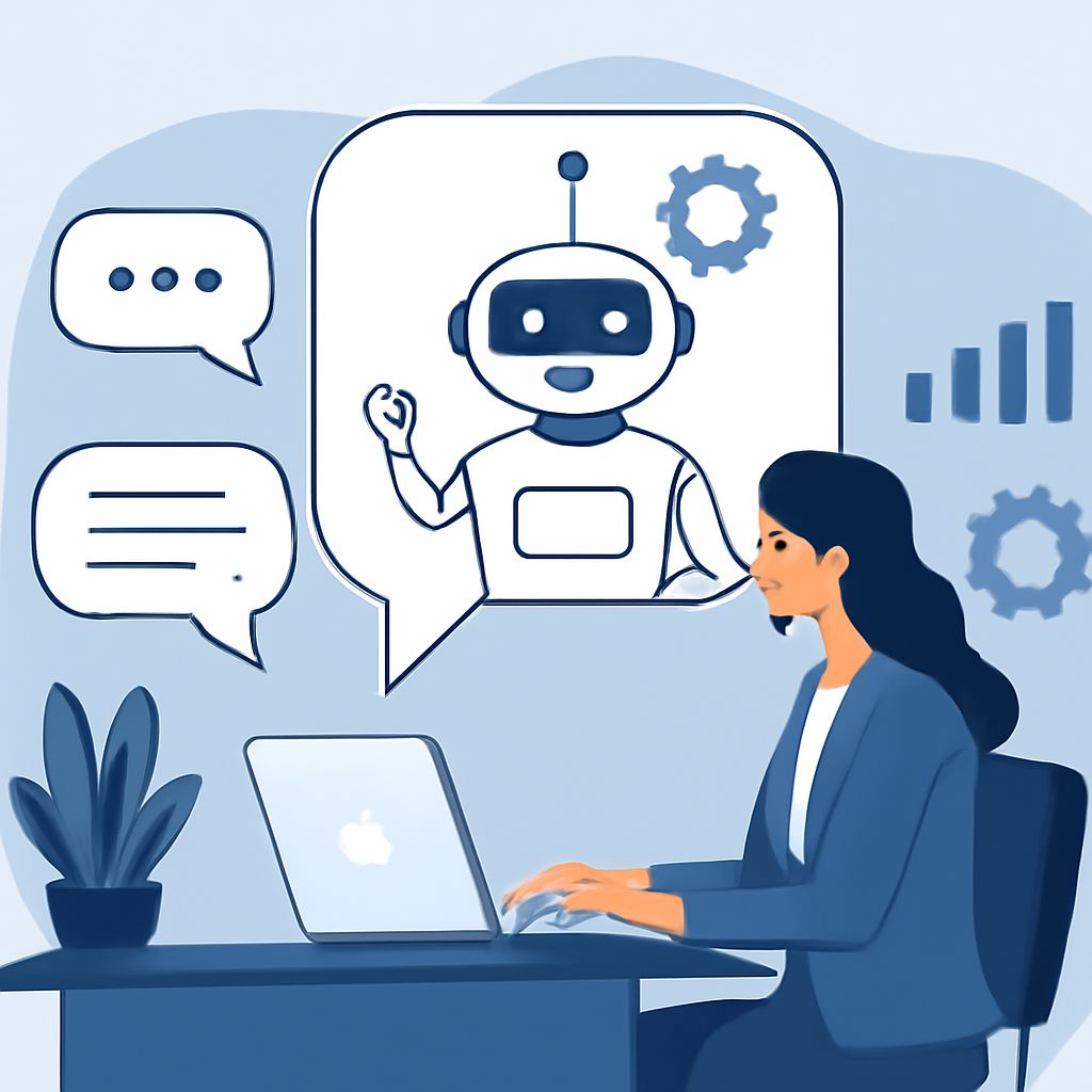 A woman in a blue blazer types on a laptop, engaged in a conversation with a friendly chatbot graphic.
