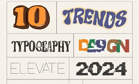 A collage of various typographic styles showcasing the text "10 Trends," "Typography," "Design," "Elevate 2024," and "Cr
