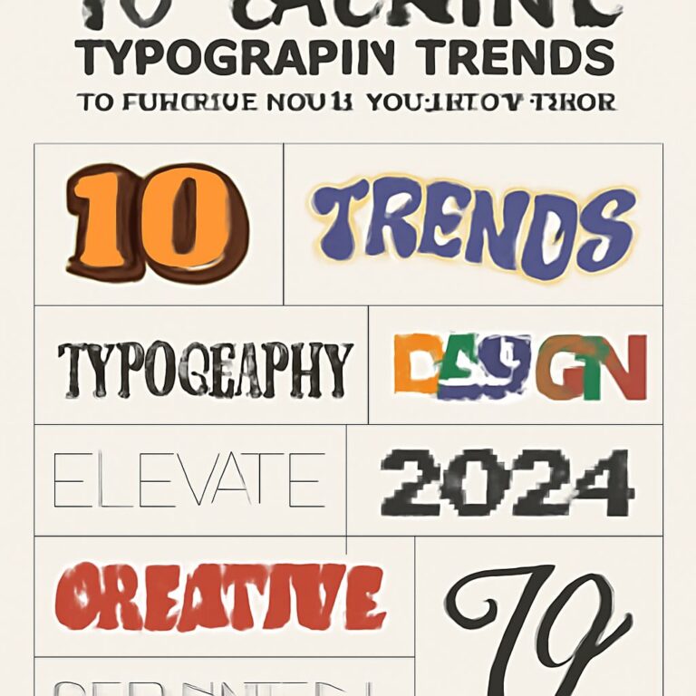A collage of various typographic styles showcasing the text "10 Trends," "Typography," "Design," "Elevate 2024," and "Cr