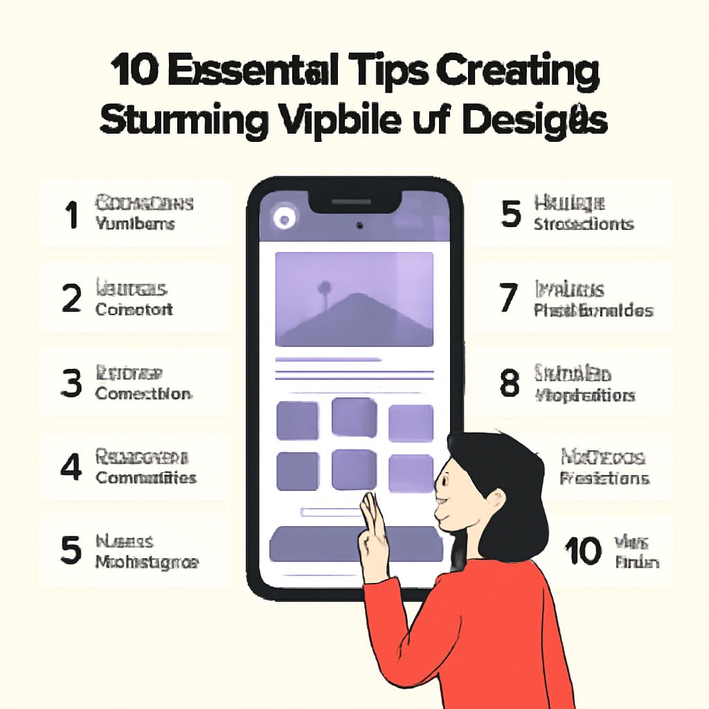 A person in a red sweater interacts with a smartphone displaying tips for creating stunning designs.