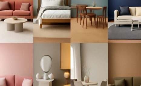A collage of modern interiors featuring various color palettes, sofas, beds, tables, and decorative elements.