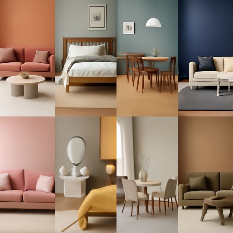 A collage of modern interiors featuring various color palettes, sofas, beds, tables, and decorative elements.
