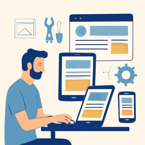 A man with a beard works on a laptop, surrounded by tablets and a smartphone displaying web designs and tools.