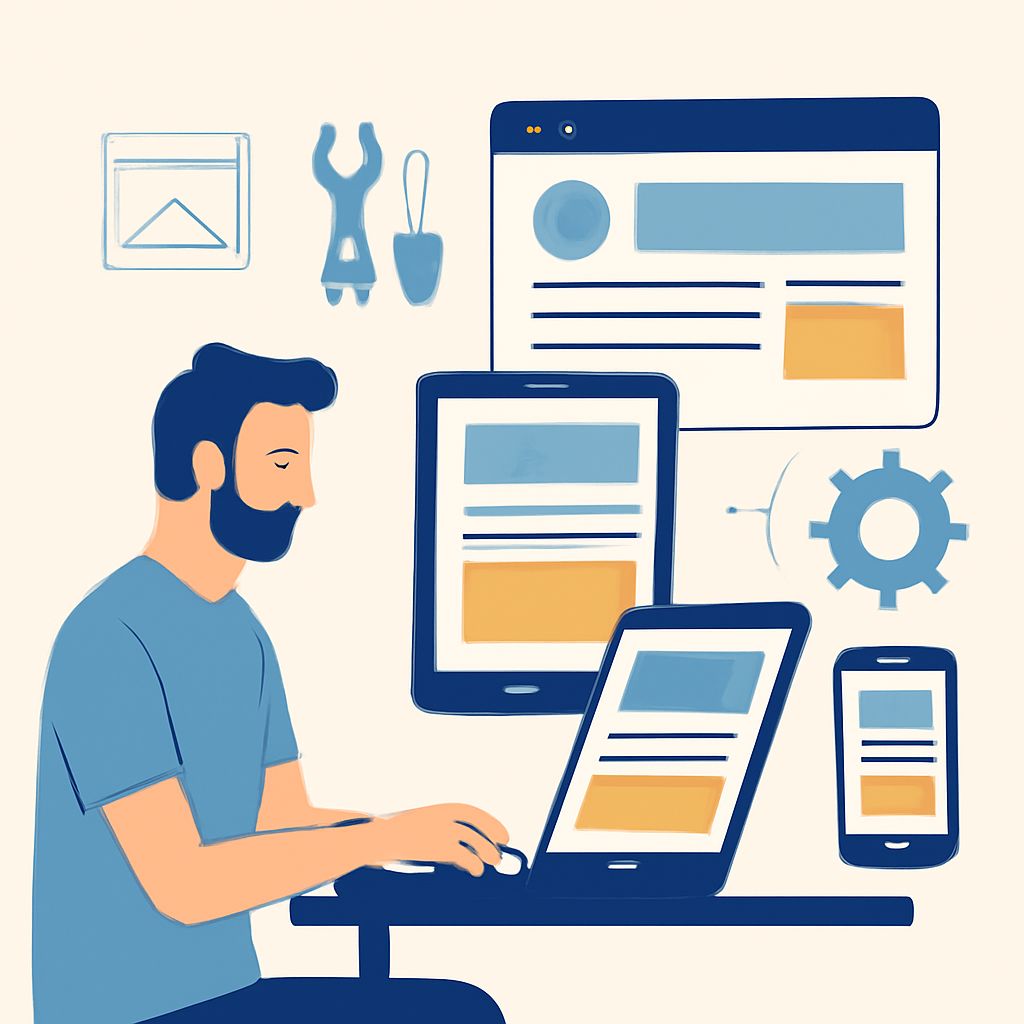 A man with a beard works on a laptop, surrounded by tablets and a smartphone displaying web designs and tools.