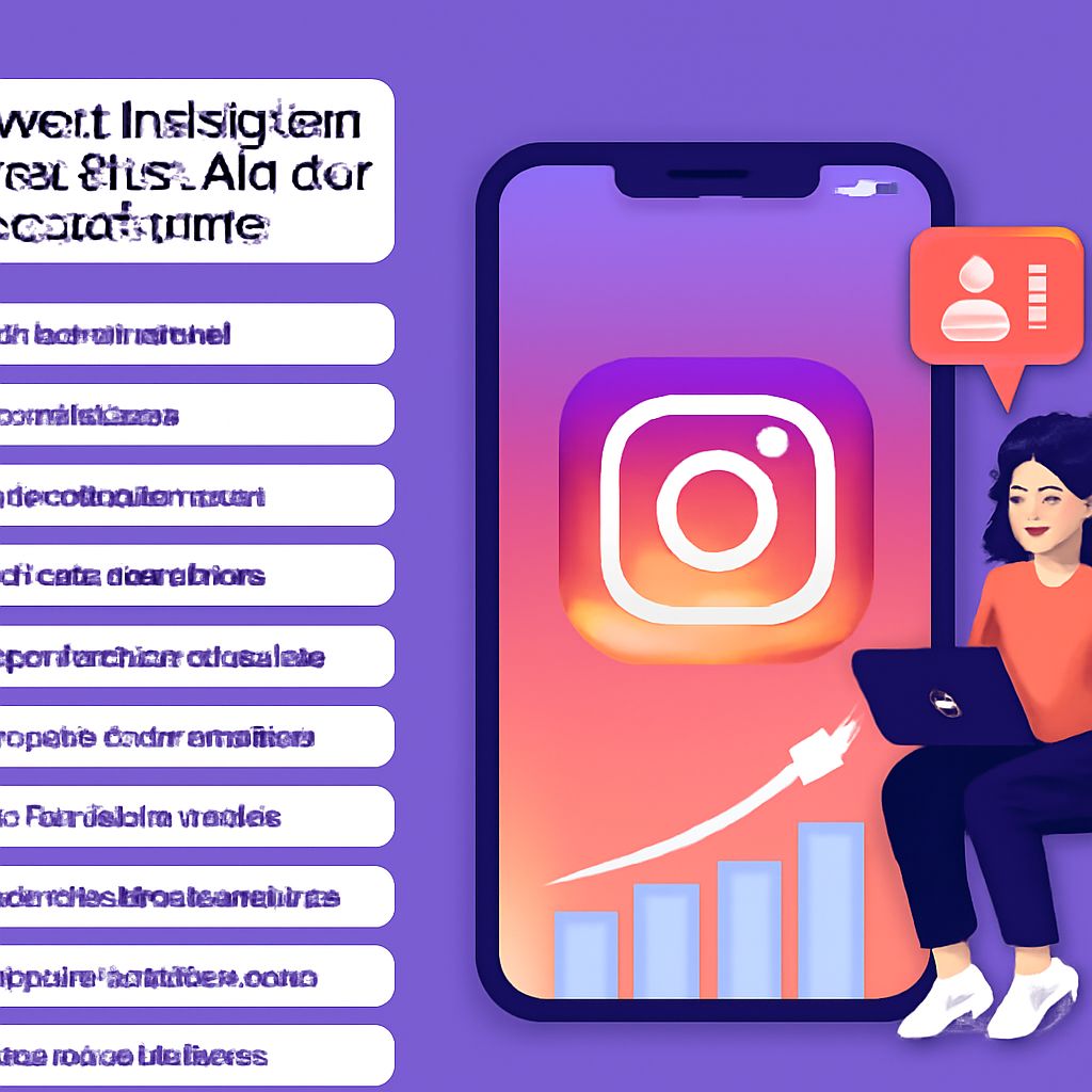 A woman with dark hair sits with a laptop, analyzing Instagram insights on a large phone screen, featuring graphs and ic