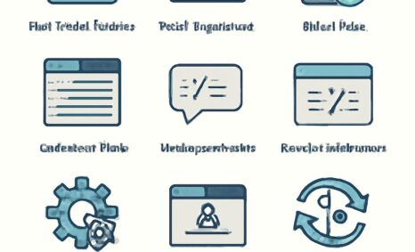 A grid of icons representing various functions, including folders, settings, and communication tools, in soft blue tones