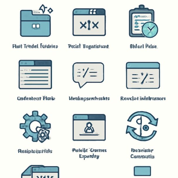 A grid of icons representing various functions, including folders, settings, and communication tools, in soft blue tones