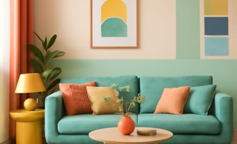 A teal sofa adorned with colorful cushions sits beside a yellow lamp and a round coffee table in a stylish living room.