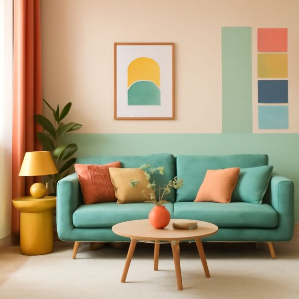A teal sofa adorned with colorful cushions sits beside a yellow lamp and a round coffee table in a stylish living room.