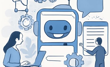 A woman sits with a laptop, while a smiling chatbot and a man with a notepad interact amid gears and speech bubbles.
