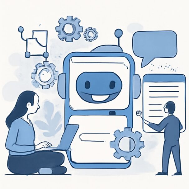 A woman sits with a laptop, while a smiling chatbot and a man with a notepad interact amid gears and speech bubbles.
