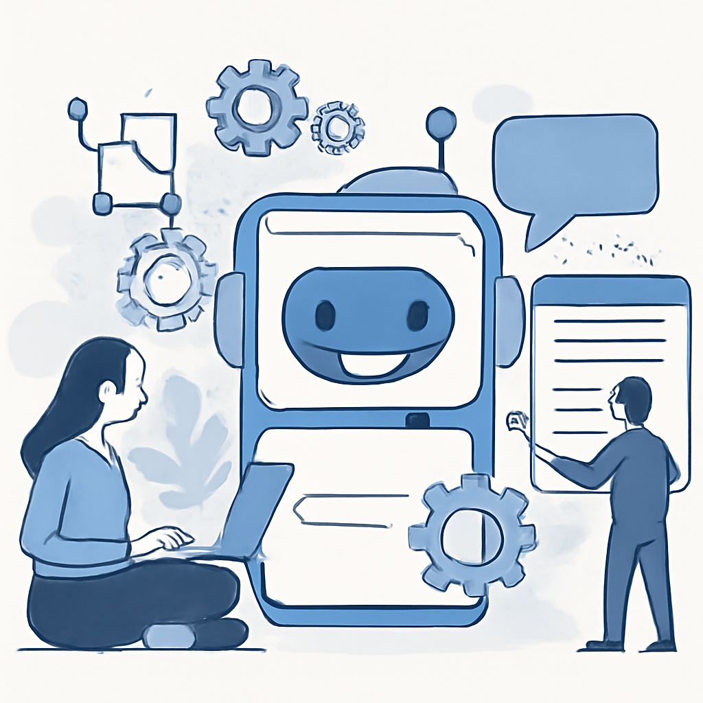 A woman sits with a laptop, while a smiling chatbot and a man with a notepad interact amid gears and speech bubbles.