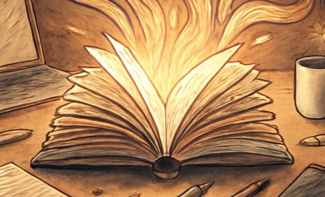 An open book emits glowing flames, surrounded by a laptop, notebook, pens, and a coffee cup on a wooden table.