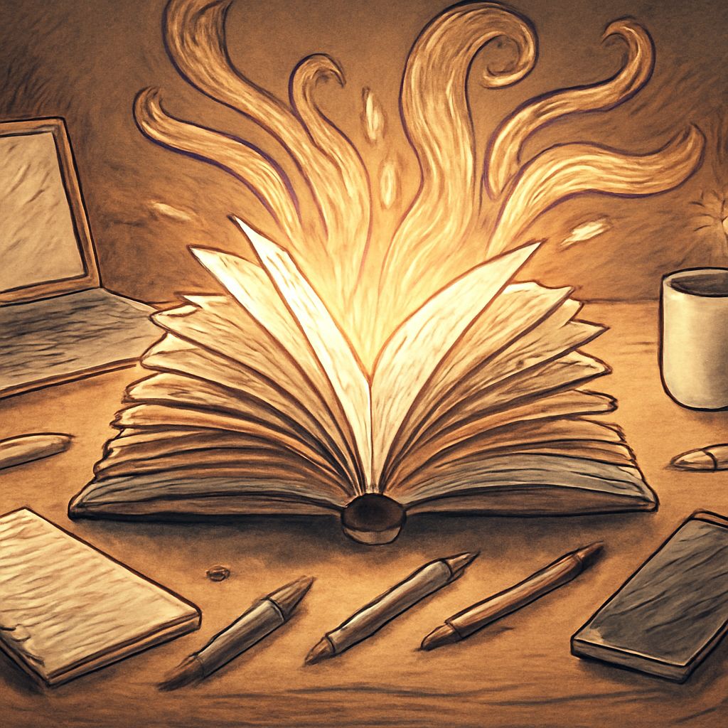 An open book emits glowing flames, surrounded by a laptop, notebook, pens, and a coffee cup on a wooden table.