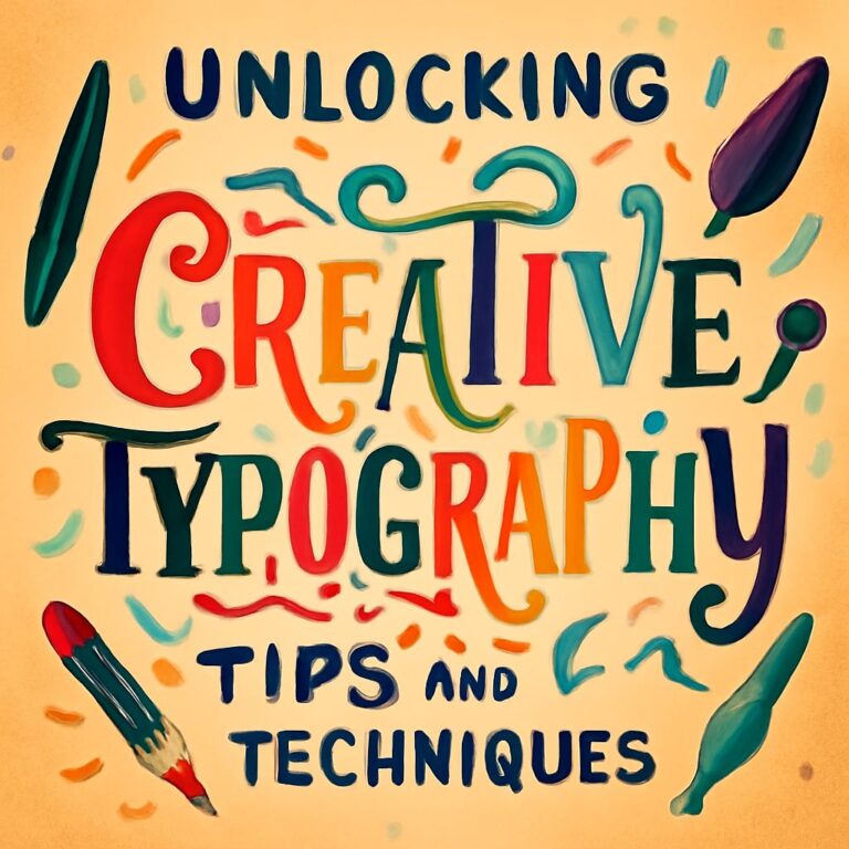 Colorful text reads "Unlocking Creative Typography Tips and Techniques" with playful illustrations of pens and swirls.