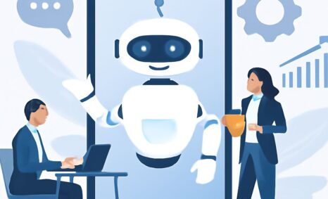 A businessman works on a laptop while a woman holds a cup, interacting with a friendly robot displayed on a smartphone.