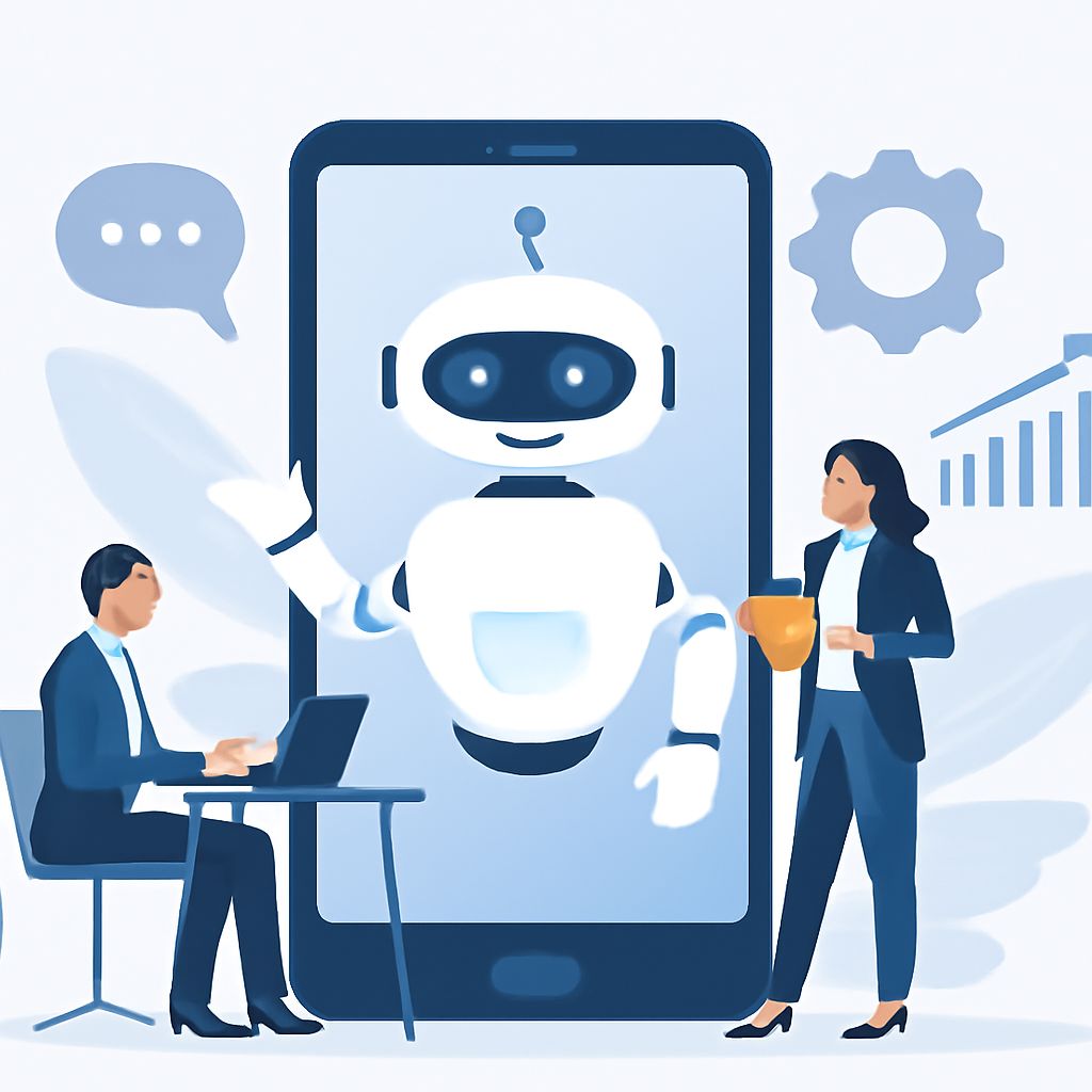 A businessman works on a laptop while a woman holds a cup, interacting with a friendly robot displayed on a smartphone.