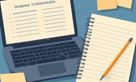 A laptop displaying a document with lines is beside a spiral notebook and an orange pencil on a blue background.
