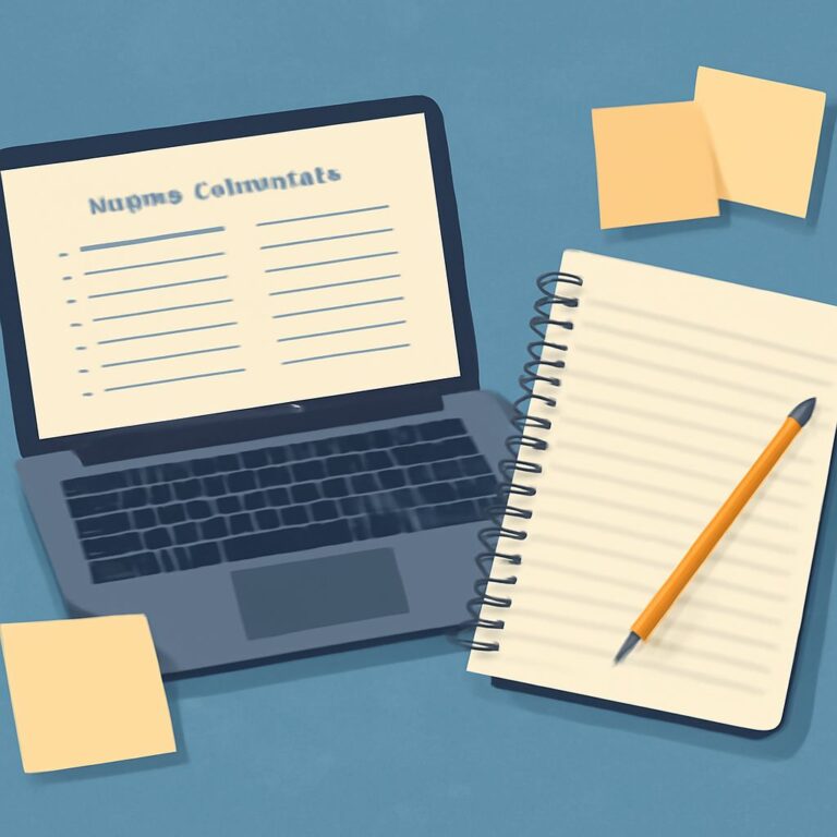 A laptop displaying a document with lines is beside a spiral notebook and an orange pencil on a blue background.
