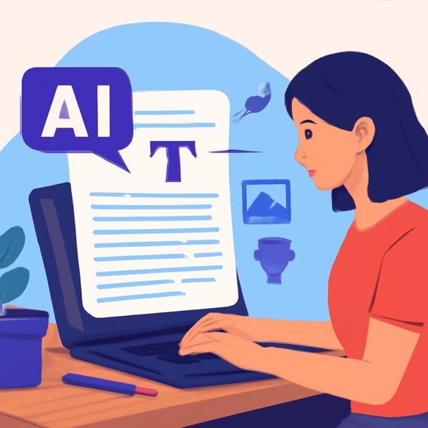 A woman in a red shirt types on a laptop, focusing on a document featuring the text "AI" and a formatting icon.