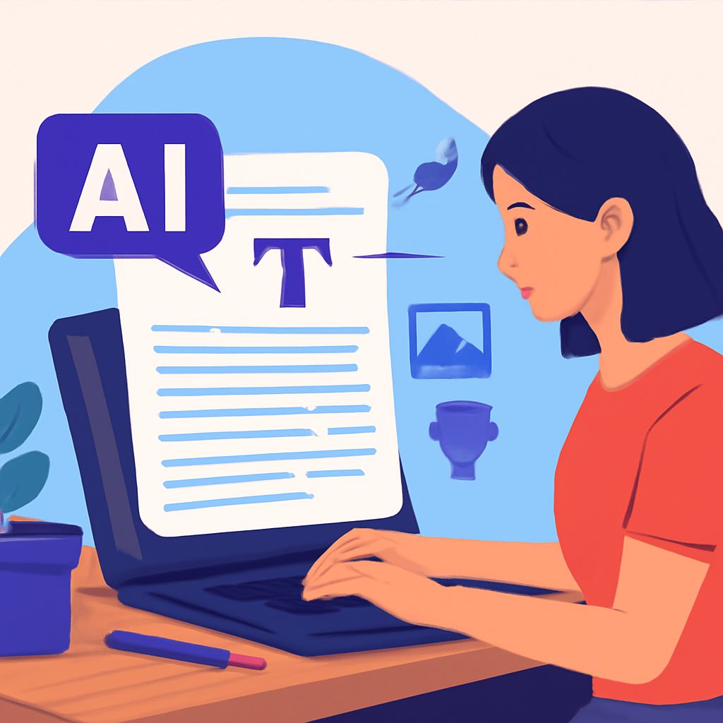 A woman in a red shirt types on a laptop, focusing on a document featuring the text "AI" and a formatting icon.