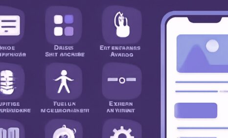 A purple background features icons representing mobile UI design best practices alongside a smartphone displaying a samp